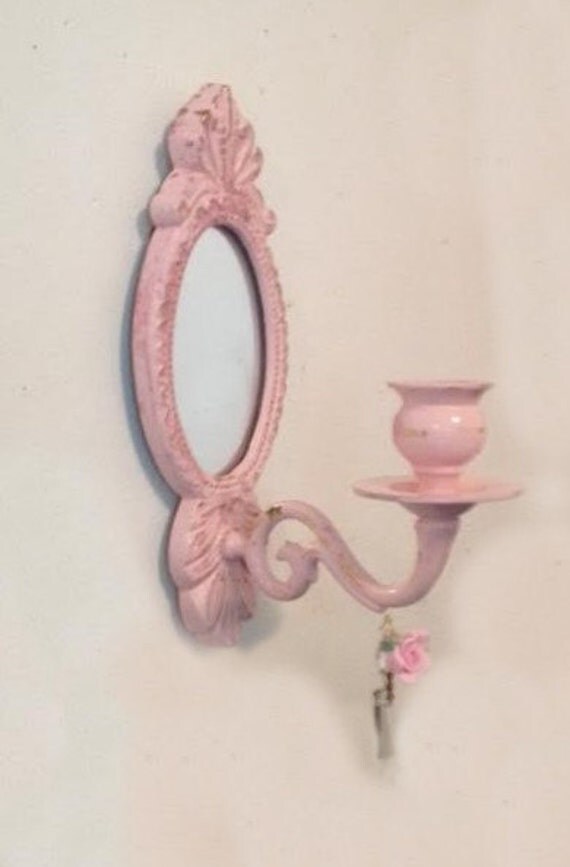 Shabby Chic Pink Brass Mirrored Wall Candle Sconce Prisms