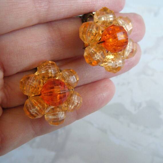 Vintage Orange Beaded Earrings/ 50's Costume Earrings/