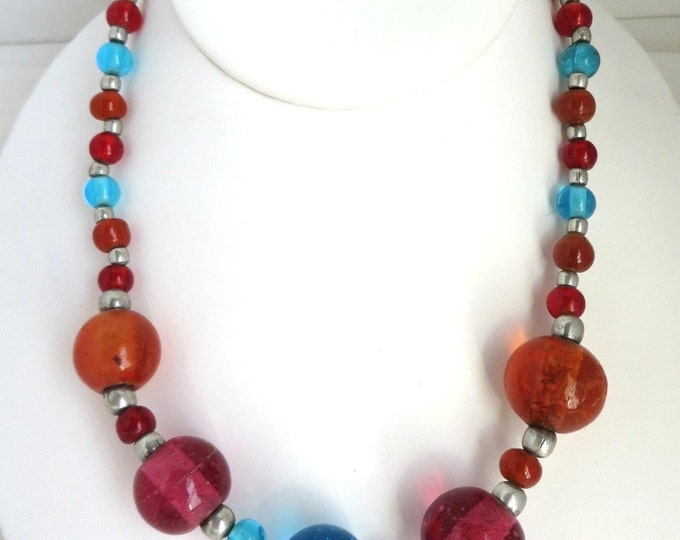 Pink & Blue Glass Bead Necklace, Vintage Chunky Pink Blue Orange Silvertone Bead Necklace