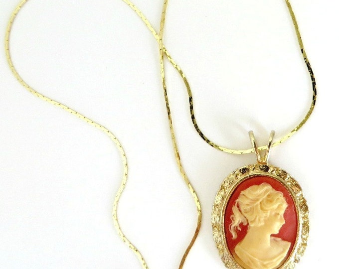 Cameo Pendant Necklace - Vintage Cream & Coral Orange Pendant, Gold Tone Necklace