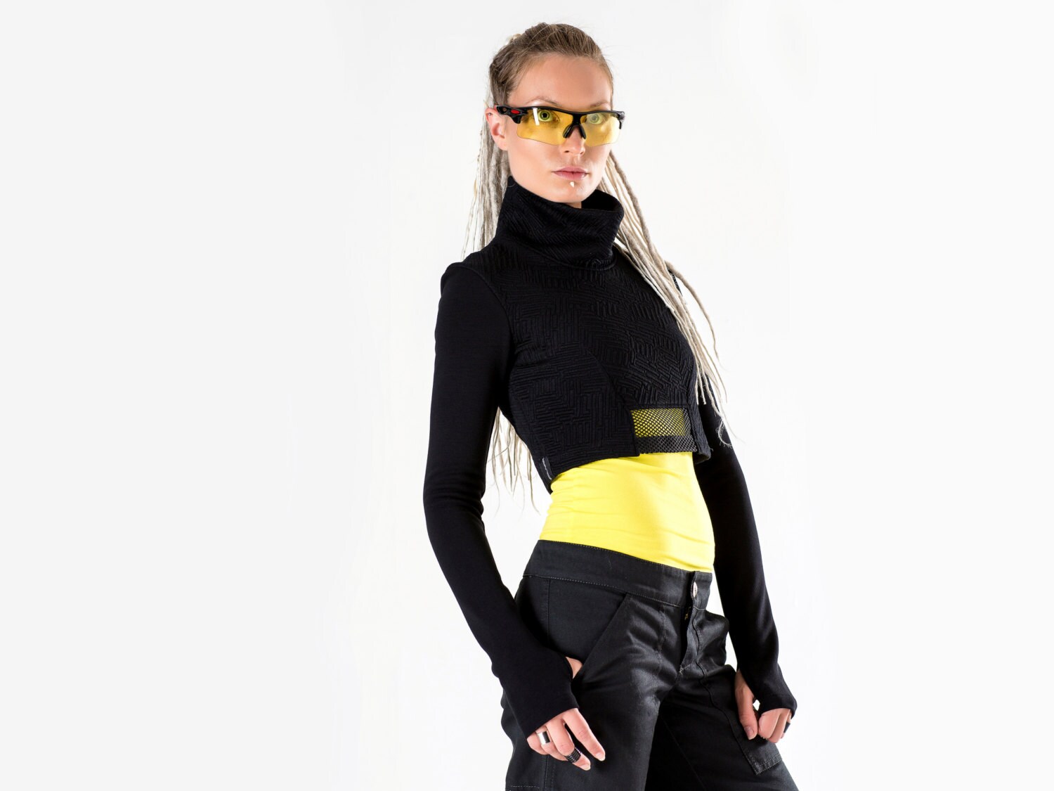 Black Crop Top Cyberpunk Turtleneck Shrug Long Sleeves Thumb