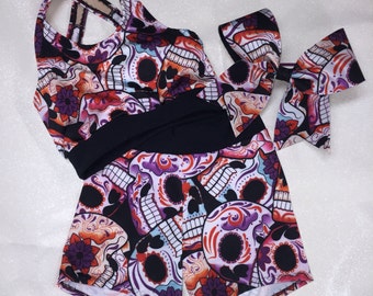 Sugar Skull 3 piece set Crop Top sports bra, Spandex Shorts, and optional matching Cheer Bow / Girls Dancewear / Gymnastics Shorts
