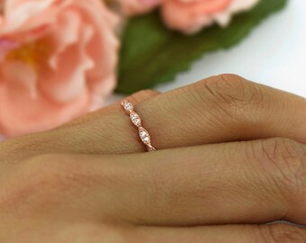 Art Deco Wedding Band, Delicate Ring, 1.5mm Stacking Ring, Engagement Ring, Man Made Diamond Simulants, Sterling Silver, Rose Gold Plated