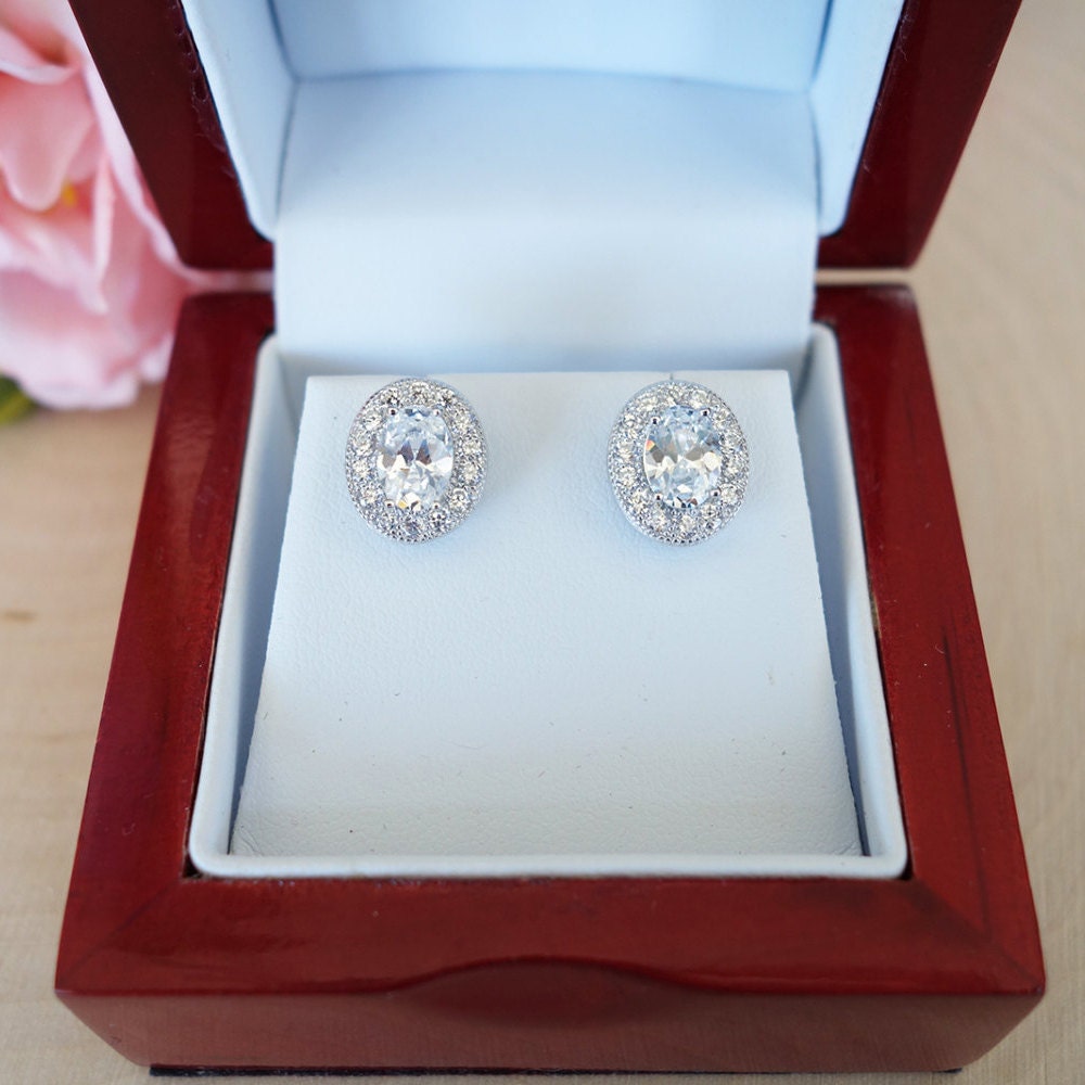 2 ctw Oval Earrings Halo Earrings Flawless Man Made Diamond