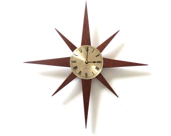 Mid Century Starburst Clock, Handmade Mid Century Modern Home Decor, Minimalist Home Decor, Jarrah Wood Star Clock, Atomic Star Burst Clock