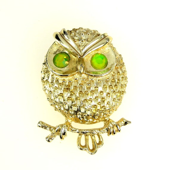 Owl Brooch Vintage Sarah Coventry Green Rhinestone Gold Tone