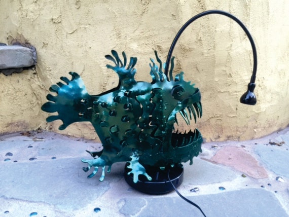 Small angler fish lamp metal garden sculpture Sea Monster