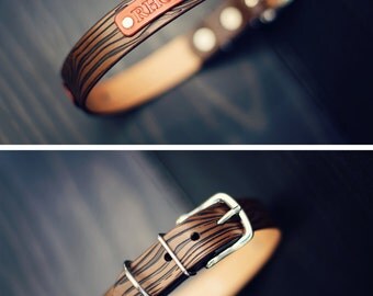 Personalized Leather Dog Collar, Custom Leather Dog Collar, Handmade personalized gift, number, Brown, Woodgrain tree pattern, FREE Name
