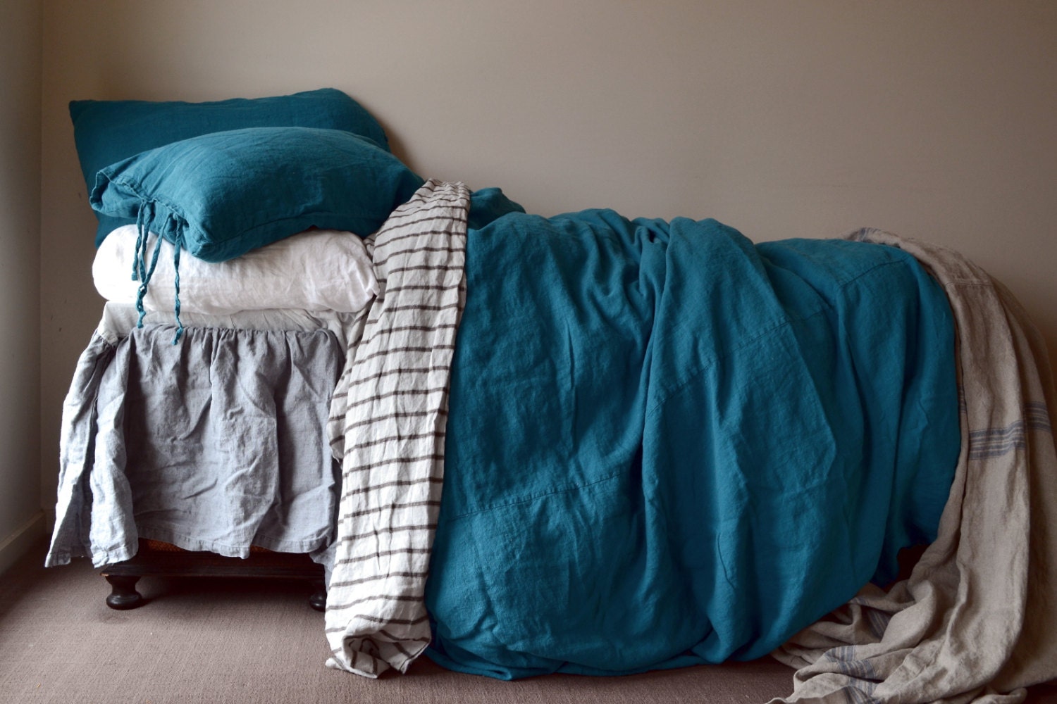 Dark Teal Rustic Heavy weight duvet cover linen duvet cover.