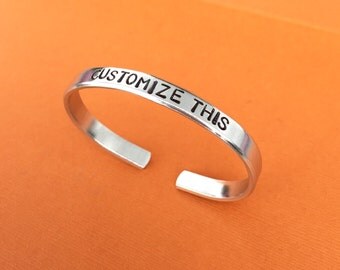 Hand Stamped Bracelet, Customized Aluminum Skinny Cuff, Bangle Bracelet, Personalized Gift, Graduation Gift, Birthday, Mothers Day Gift