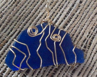 cobolt blue seaglass and wire wrapped pendant