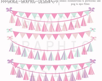 Clipart, Pink Tassel Garland Clipart, Commercial Use Clipart, Pink Bunting Banner Clipart Set,