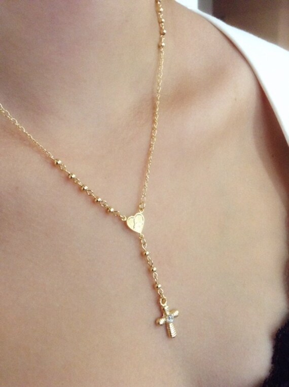 Delicate Gold Rosary Necklace Cross Rosary Necklace by Sifrimania