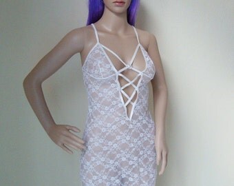 SEXY LACE DRESS -bodycon, mini, transparent, lingerie, straps, neckline, floral, white, babydoll, 90s, underwear, nightie, cute, cyber-