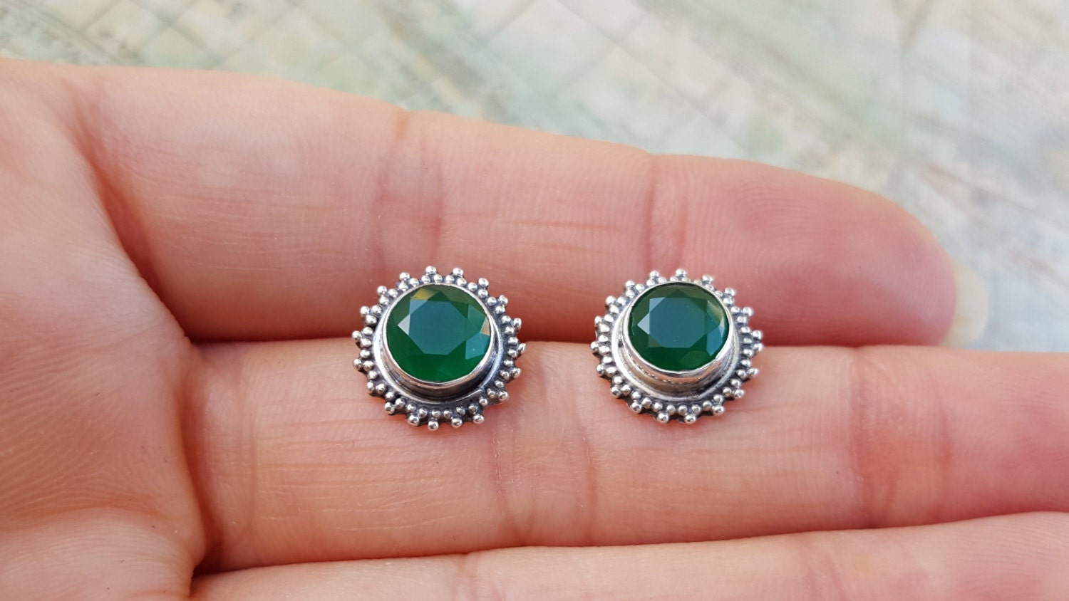 Genuine Emerald Stud Earrings Sterling Silver Flower