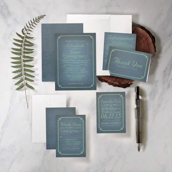 Items similar to Blue and Green Chalkboard Wedding Invitation Set/Suite