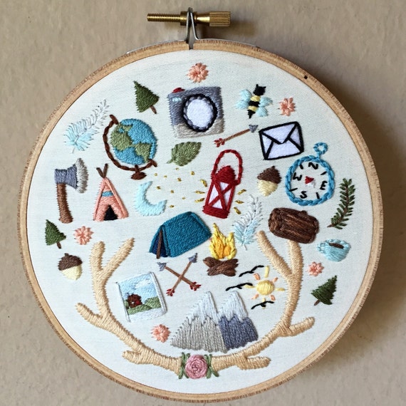 Camping & outdoors theme hand embroidery hoop by MoonriseWhims