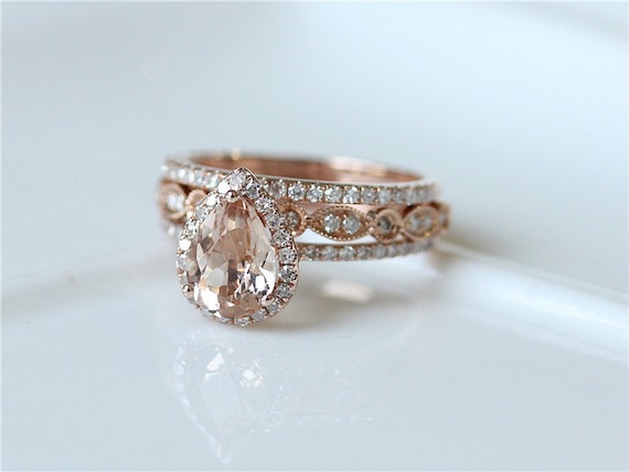 Morganite Wedding Ring Set 14k Rose Gold 6x8mm Pear Cut Halo