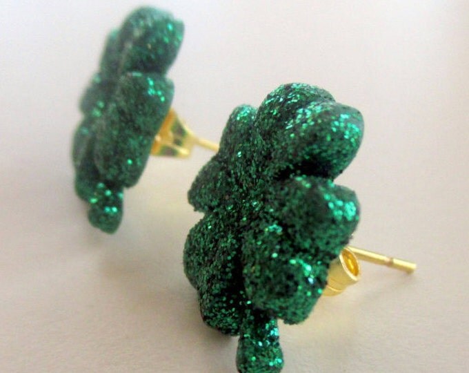 St. Patricks Day earrings-Green Shamrock studs-Four leaf clover-Irish jewelry-Sparkly jewelry-Childrens clip on earring-kids jewelry