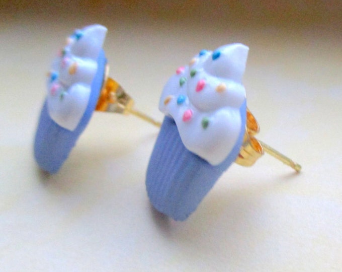 kids clips on earrings-little girls gifts-sterling silver-cake studs-Blue cupcake earrings-girls party favors-tween-birthday gift-