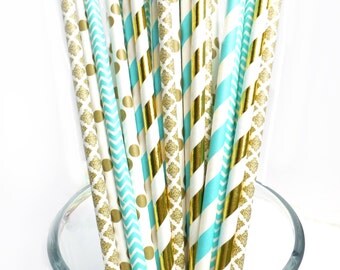 Teal Baby Shower Decorations, Teal and Gold Wedding Decor, Turquoise Paper Straws, Teal Bridal Shower, Rustic Wedding Decor, Garden Party