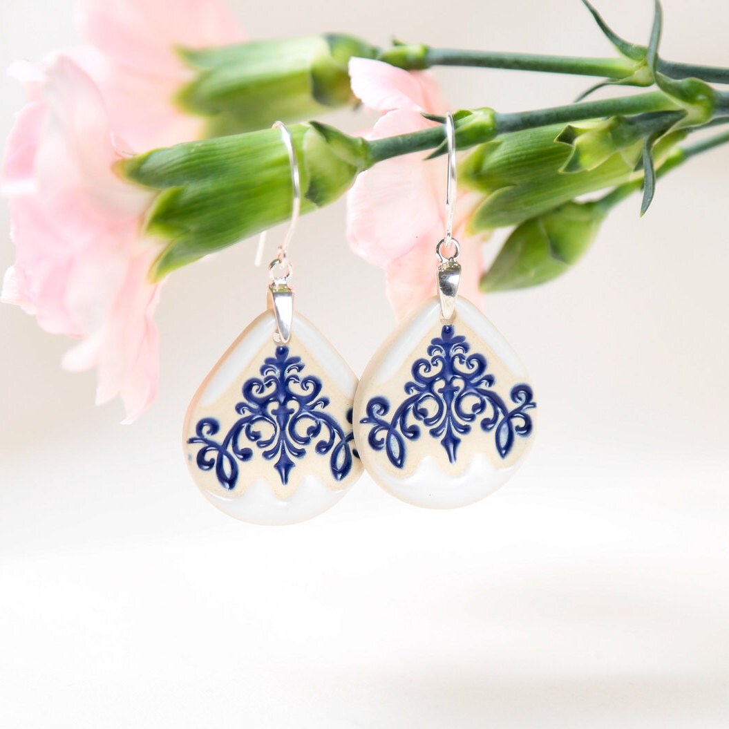 Navy blue ceramic earrings Delft earrings Long dangle earrings