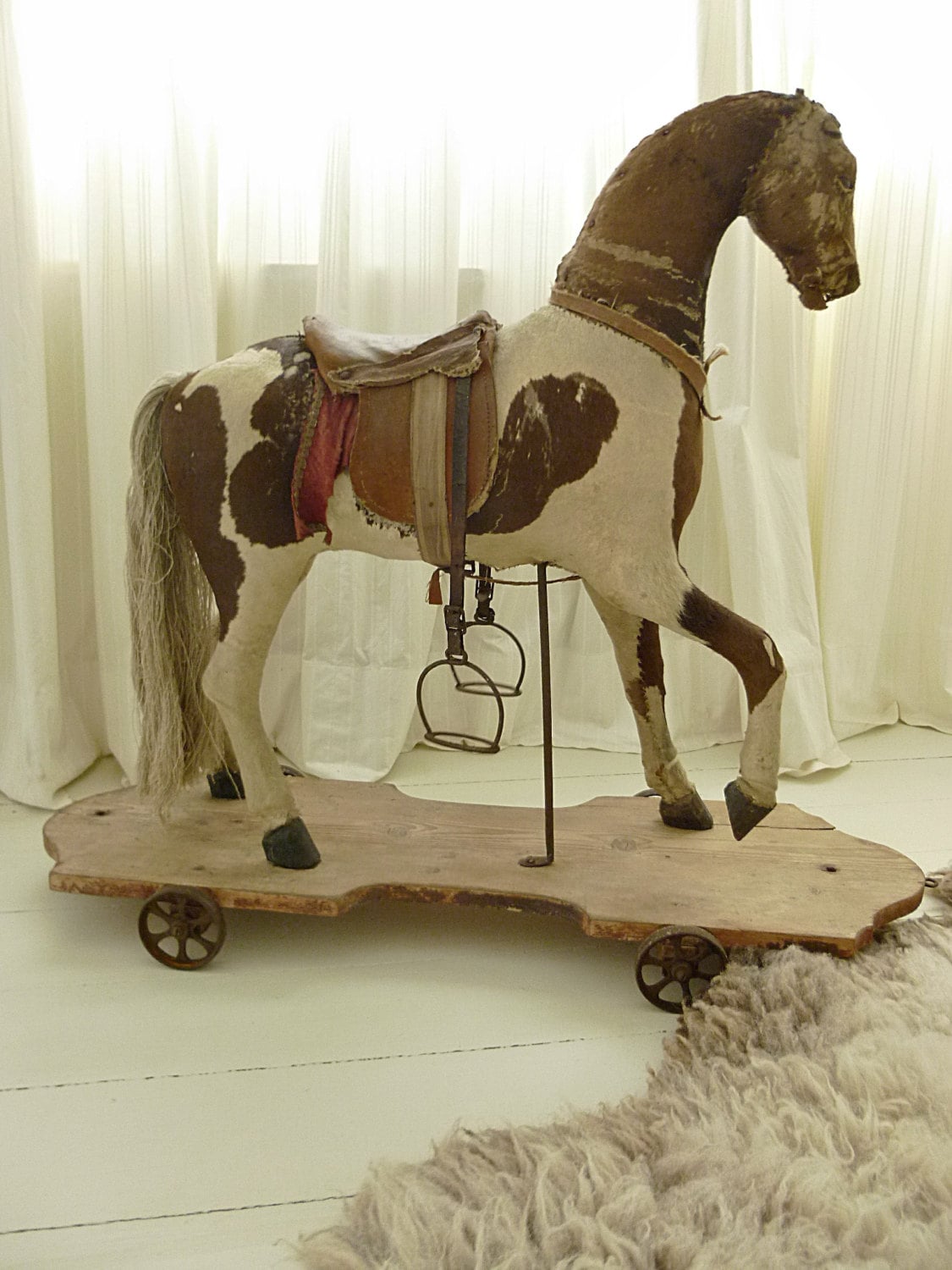 Beautiful antique rocking horse pull toy 1870 real fur