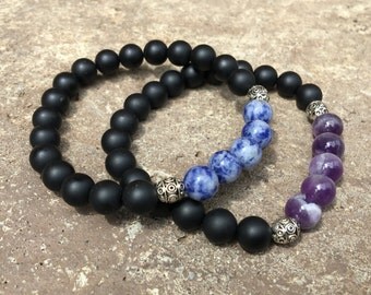 2 Pc Set! Power Couple Relationship Bracelet Set - Couples Bracelet - His And Hers - Purple & Blue Set - Accent Beads