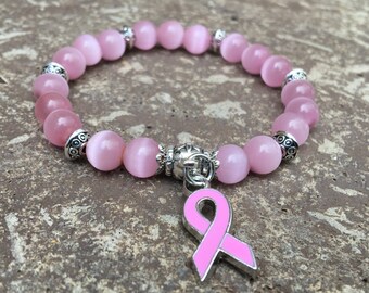 Pink Ribbon Breast Cancer Awareness Bracelet - For The Cure - Pink Beads - Cancer Survivor - Donation With Every Purchase!