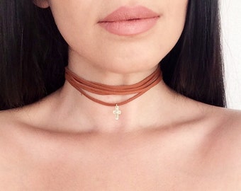 Choker Leather Triple Choker Leather Wrap Necklace Cross Choker Black Choker Wrap Choker Suede Chocker Suede Wrap Choker