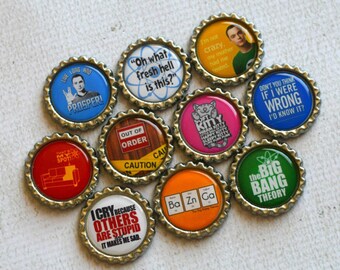 Big Bang Theory Bottlecap Magnets- Sheldon, Leonard, Penny, Howard, Raj, Bernadette- Set of 10 Big Bang Theory TV Show Magnets- Science Gift
