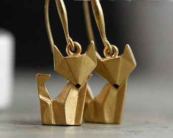 Origami Fox Earrings. Hand painted and gilded. Gold dangling earrings. Fox jewelry.