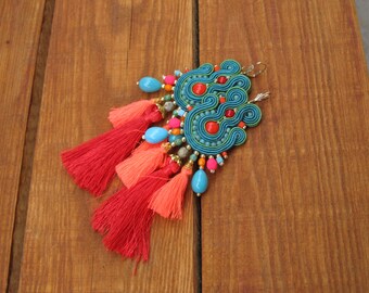 Teal Tassel Earrings, Long Colorful Dangle Drop Earrings, Tassel Earrings, Boho Earrings, Soutache Earrings, Handmade Earrings Long