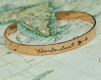 Wanderlust Cuff Bracelet Aluminum Brass or Copper Bangle