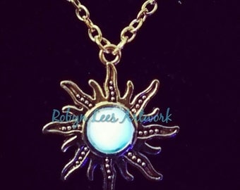 White Glow in the Dark Art Nouveau Sun Necklace on Silver