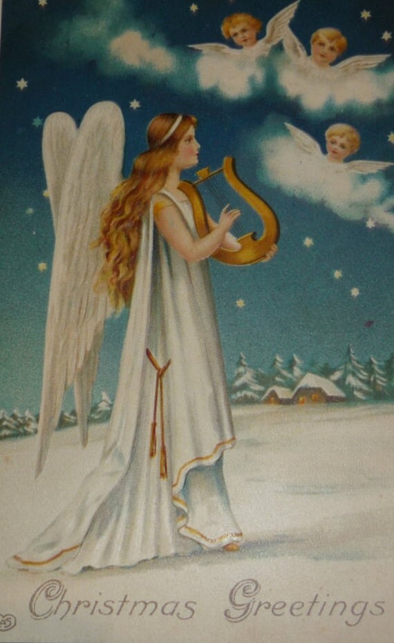 Beautiful Angel with Harp Against Starry Blue Sky As Other