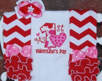 My 1st Valentine's Day Bodysuit Leg Warmer Complete Outfit! Baby/Toddler Hearts applique top, leg warmers and bow! First Valentine's Day