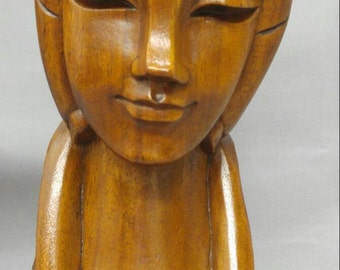 Old vintage hand carved wooden woman Madonna figure bust statue monkey pod wood carving