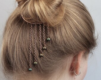 Bun Cuff, Hair Cuff, Wire Hair Bun Holder, Bun Ring, Copper Chain & Green Blue Purple Beads, Unusual, Unique Hair Accessories for Women Gift