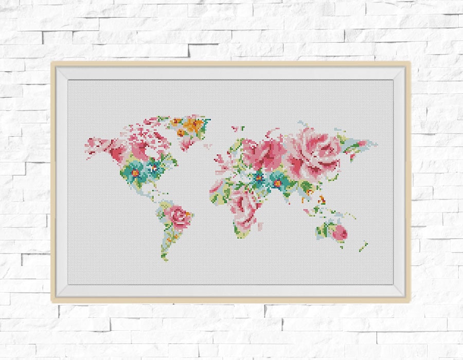 Map Of The World Hand Embroidery Patterns World Map Cross Stitch Pattern, World Map Silhouette Flowers Counted Cross Stitch ...