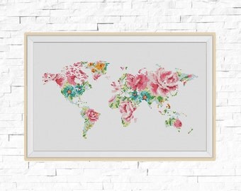 BOGO FREE! World Map Cross Stitch Pattern, Floral World Map Silhouette Flowers Counted Cross Stitch Chart Modern Decor, PDF Download #025-17