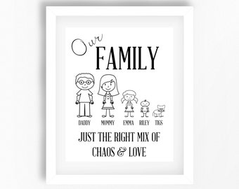 Personalised Family Art, Housewarming Gift, Custom Family Print, Gift for Parents, Family Stickman Art, Family Gift from Kids, New Home Gift