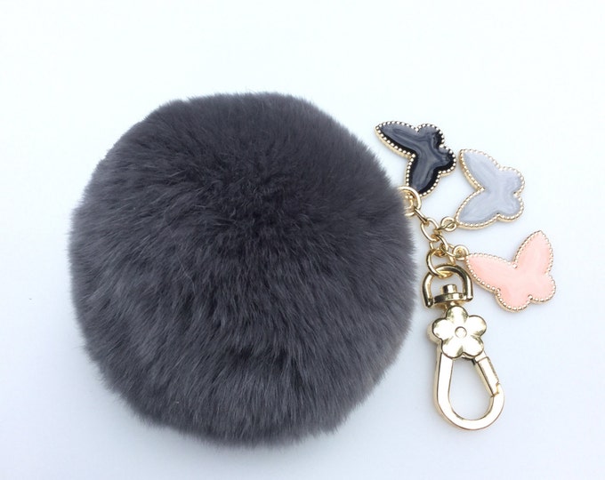 French Grey Rex Rabbit Fur Pompon bag charm pendant Fur Pom Pom keychain with 3 butterfly charms