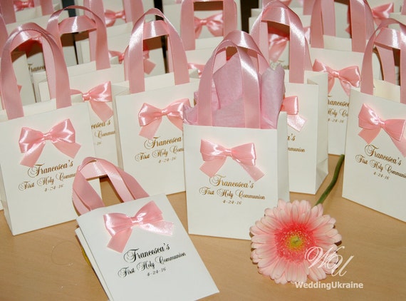 100 Gift Bags with satin ribbon bow and gold foil pressed