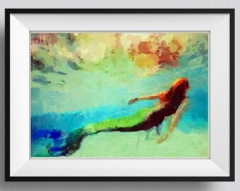 Mermaid Print,Painting, home Decor,Gift for her, Mermaid summer party,Girl,Sister, Wall Art. Pic No 116