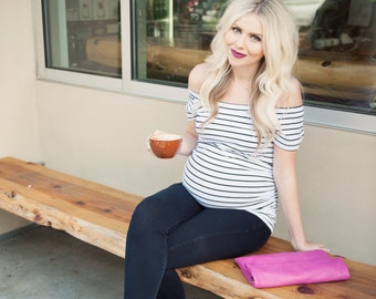 Striped Bardot Maternity Shirt, maternity shirt, maternity, maternity top, pregnancy top, pregnancy shirt, bardot pregnancy