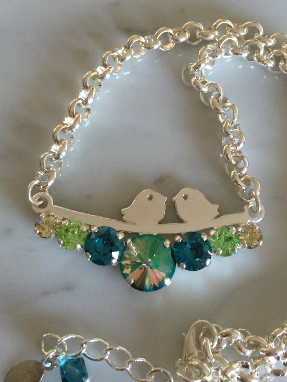 Chirp! Crystal Necklace, Swarovski Vitrail Necklace, Blue and Green Crystal Necklace, Bird Necklace, Bird Crystal Necklace