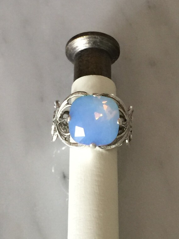 Swarovski Air Blue Opal Filigree Ring, Air Blue Opal Crystal Adjustable Ring, Swarovski Blue Crystal Ring, Swarovski Opal Ring