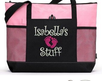 Baby Feet Diaper Tote Personalized Zippered Tote Bag With Mesh Pockets, Beach Bag, Boating
