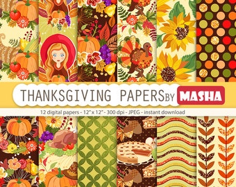 Thanksgiving papers: "THANKSGIVING DIGITAL PAPERS" with Thanksgiving patterns, turkey pattern, pumpkin pattern, 12 images 300 dpi. jpg files